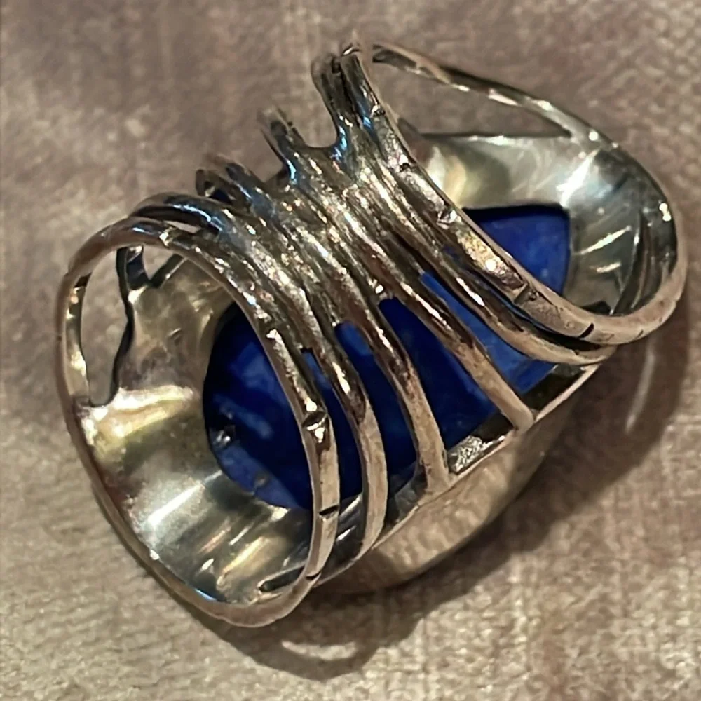 Enormous Lapis Lazuli Sterling Silver Cage Ring size 6 - Picture 2 of 9